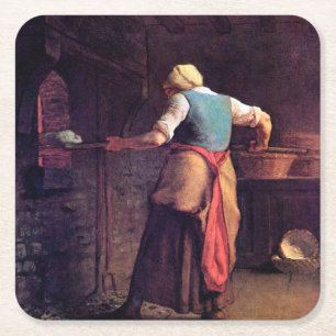 Woman Baking Bread, Jean-Francois Millet Underlägg Papper Kvadrat