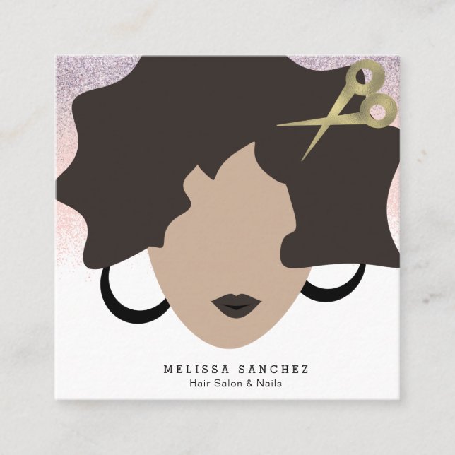Woman Brown Hair Faux Guld Glitter Salon Beauty Fyrkantigt Visitkort (Framsida)