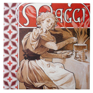 Woman Cooking, Alphonse Mucha Kakelplatta