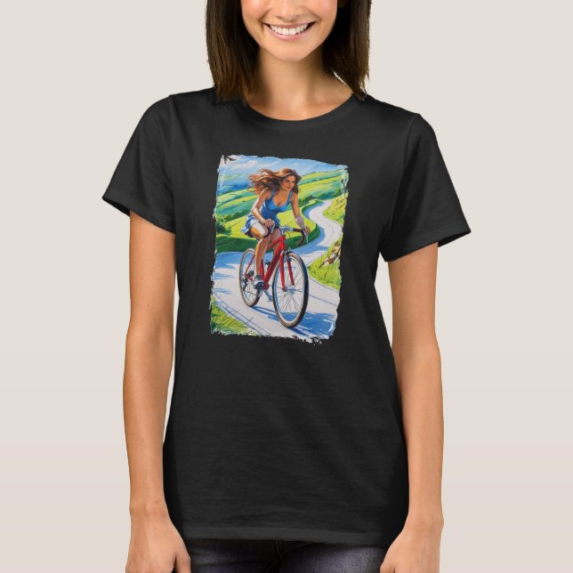 Woman cycling in beautiful scenery t shirt (Framsida)