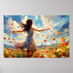 Woman Dancing Joyully i Fält i Wildblommor Poster