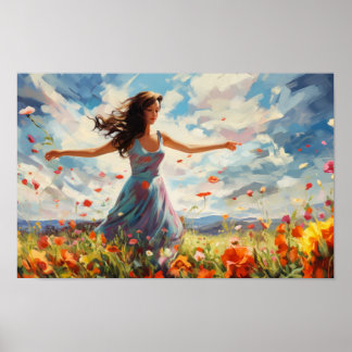 Woman Dancing Joyully i Fält i Wildblommor Poster
