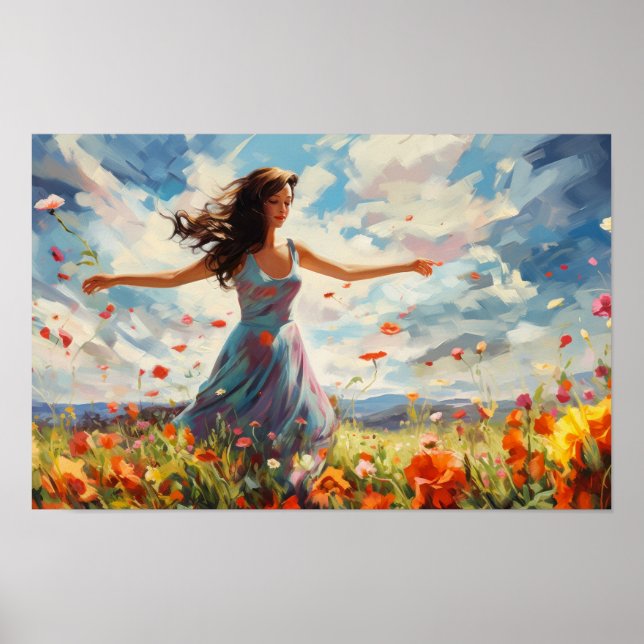 Woman Dancing Joyully i Fält i Wildblommor Poster (Framsidan)