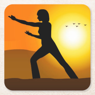 Woman Doing Tai Chi Silhouette Underlägg Papper Kvadrat