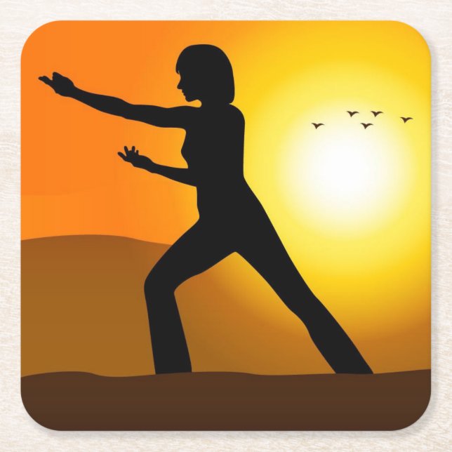 Woman Doing Tai Chi Silhouette Underlägg Papper Kvadrat (Framsidan)