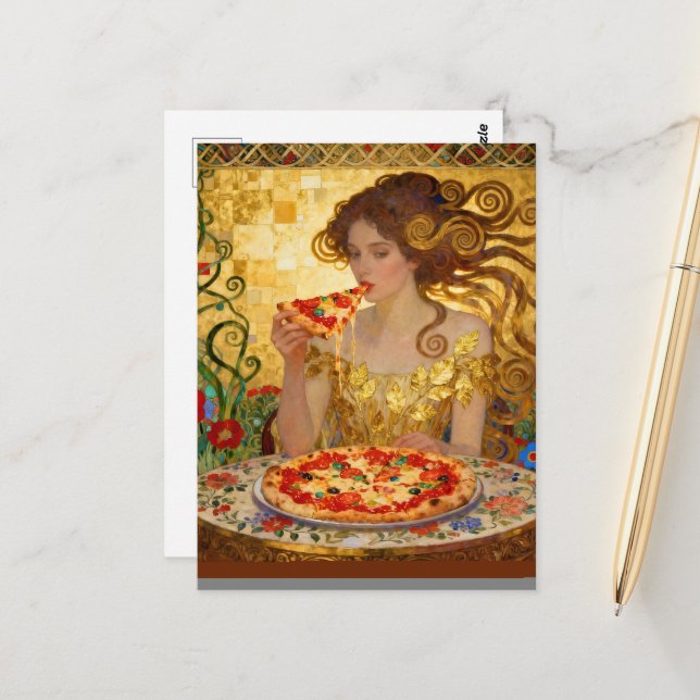 Woman Eating Pizza Faux Klimt Art Vykort (Fram/Back In Situ)