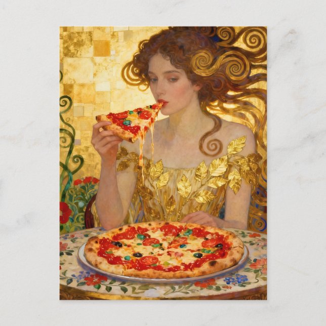 Woman Eating Pizza Faux Klimt Art Vykort (Framsida)