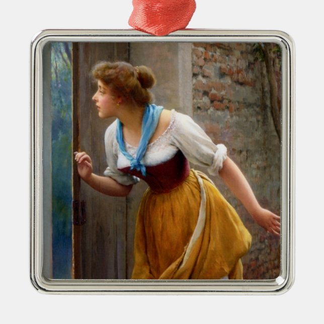 Woman Eavesdropping (av Eugene de Blaas) Julgransprydnad Metall (Framsidan)