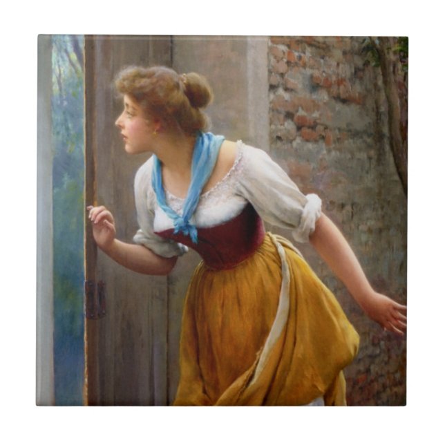 Woman Eavesdropping (av Eugene de Blaas) Kakelplatta (Framsidan)