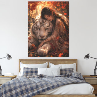 Woman Embracing White Tiger Art | Autumn Fantasy W Canvastryck
