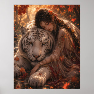 Woman Embracing White Tiger Art | Autumn Fantasy W Poster