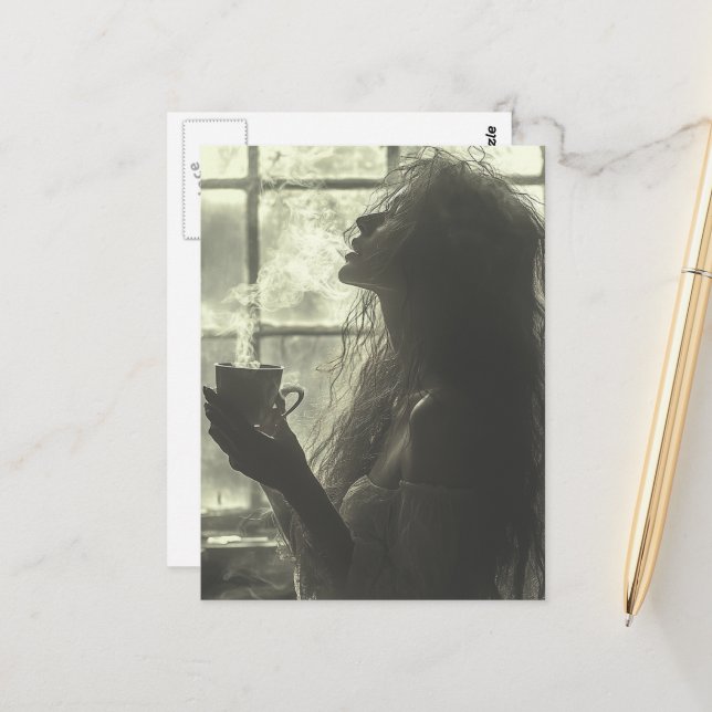 Woman Enjoys Steaming Tea Vykort (Fram/Back In Situ)