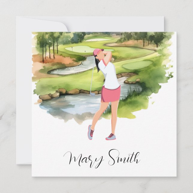 Woman Golfer är golfspelare på golfbanans vattenfä Julkort (Framsida)