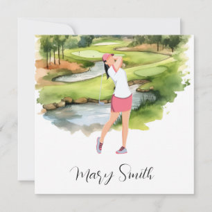 Woman Golfer är golfspelare på golfbanans vattenfä Julkort