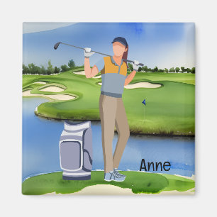 Woman Golfer är på golfbanan Magnet