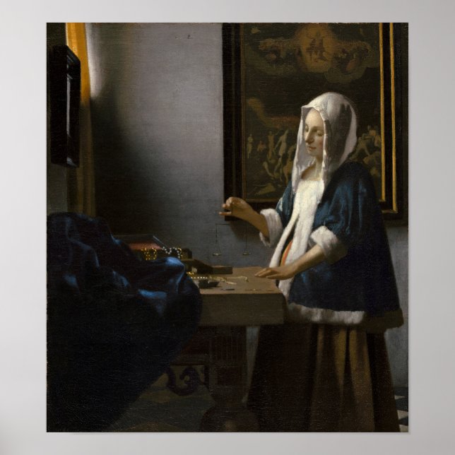 Woman Holding a Balance av Johannes Vermeer Poster (Framsidan)