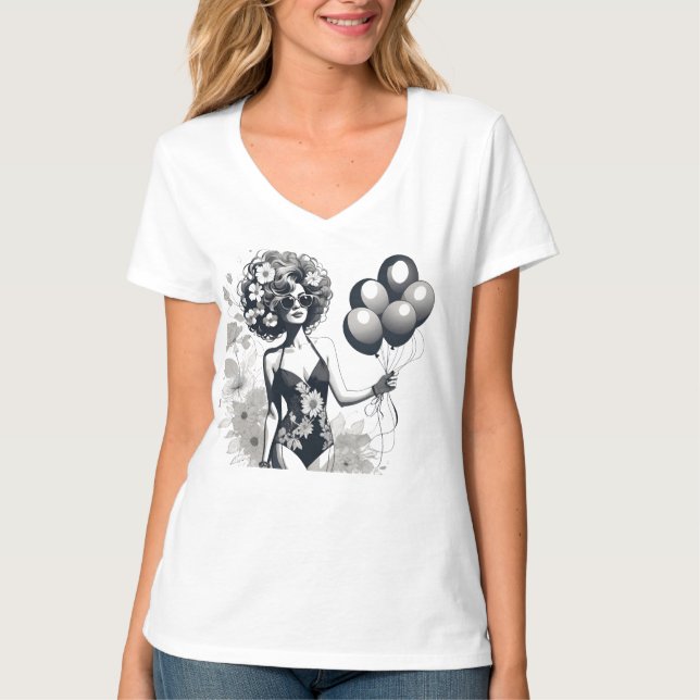Woman Holding A Bunch of Balloons Line Silhouette T Shirt (Framsida)