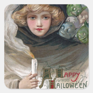 Woman Holding Candle och Goblins Vintage Halloween Fyrkantigt Klistermärke