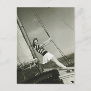 Woman Holding Rigging on Yacht Vykort