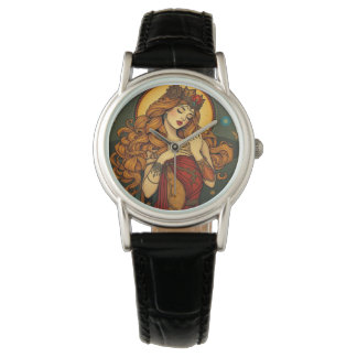 Woman Illustration från art nouveau Blommigt Armbandsur