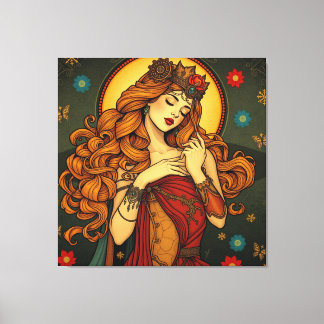 Woman Illustration från art nouveau Blommigt Canvastryck