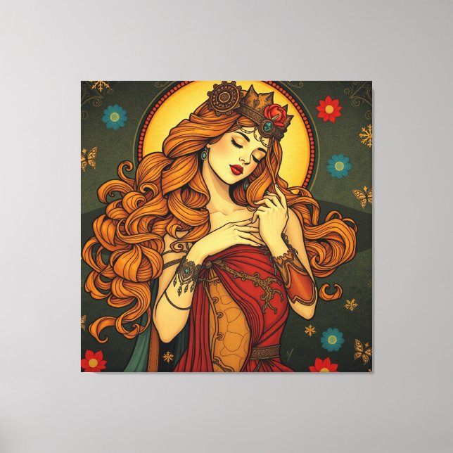 Woman Illustration från art nouveau Blommigt Canvastryck (Framsida)