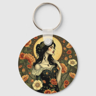 Woman Illustration från art nouveau Blommigt Nyckelring