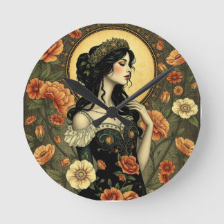 Woman Illustration från art nouveau Blommigt Rund Klocka