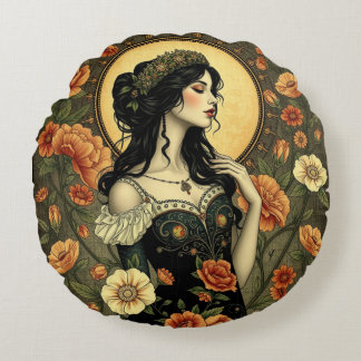 Woman Illustration från art nouveau Blommigt Rund Kudde