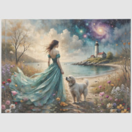 Woman in blue gown on beach with dog, lighthouse.