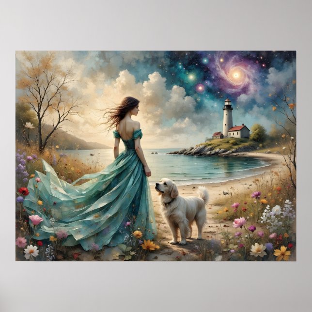 Woman in blue gown on beach with dog, lighthouse. poster (Framsidan)