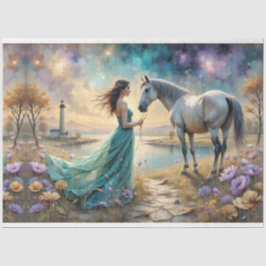 Woman in blue gown on beach with horse,lighthouse.