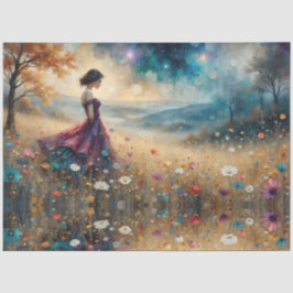 Woman in colorful gown on hill of flowers