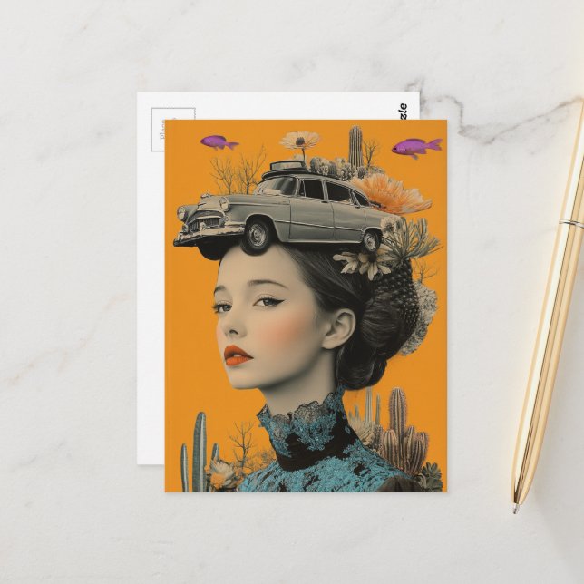 Woman in Desert with fish and car Surreal collage Vykort (Fram/Back In Situ)