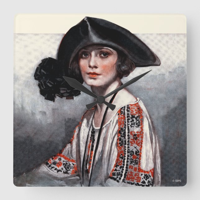 Woman in Embroidered Blouse Fyrkantig Klocka (Framsida)