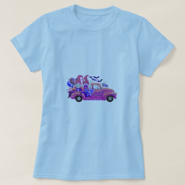 Woman in Light Blue T-Shirt with Halloween Gnome T (Design framsida)