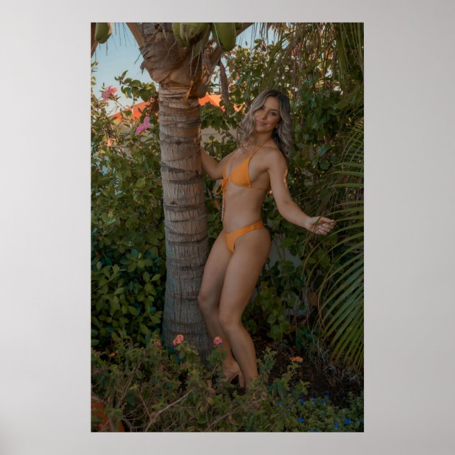 Woman In Orange Bikini By Tropical Palm Tree Poster (Framsidan)