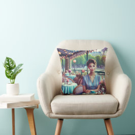 Woman in restaurant Throw Pillow Kudde