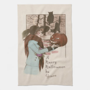 Woman Jack O'Lantern Pumpkin Uggla Kökshandduk