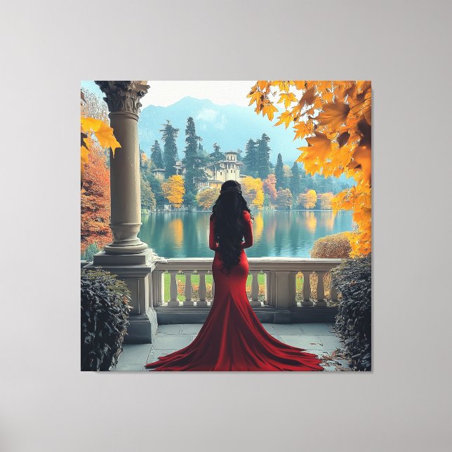 Woman Lake Como View Italy Stretched Canvas Art (Framsida)