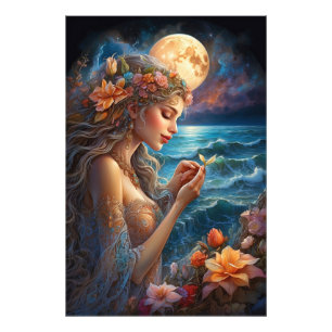 *~* Woman Måne Fantasy Romantic Flower AP51 Fototryck