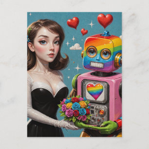 Woman och Rainbow Robot Vykort