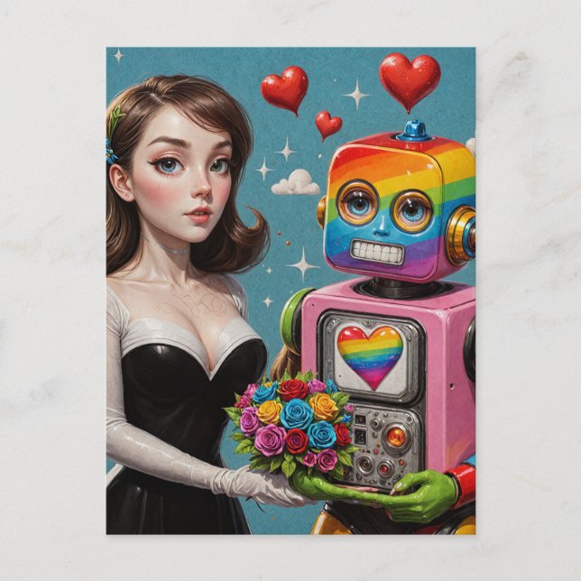Woman och Rainbow Robot Vykort (Framsida)