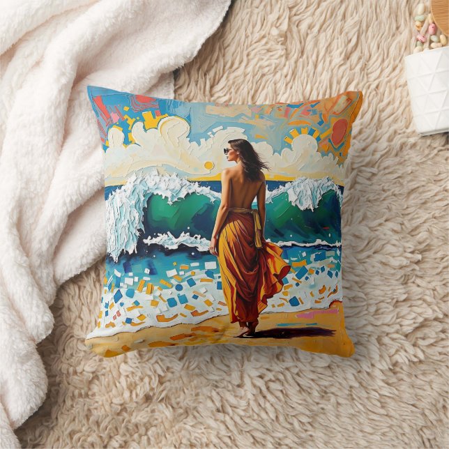 Woman on Beach Abstract Seaside Art Personalized Kudde (Filt)