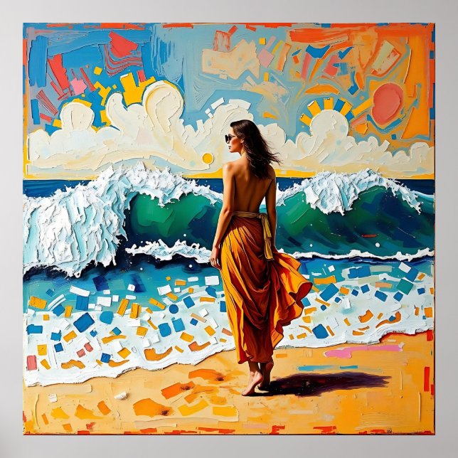 Woman on Beach Abstract Seaside Art  Poster (Framsidan)