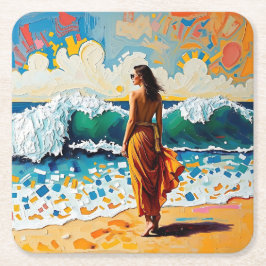Woman on Beach Abstract Seaside Art Underlägg Papper Kvadrat