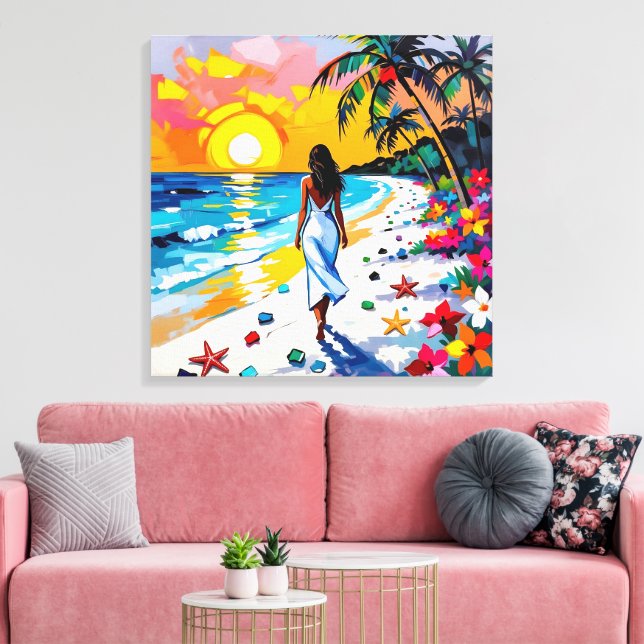 Woman on Beach Tropical Scene Canvastryck (Insitu (Vardagsrum))