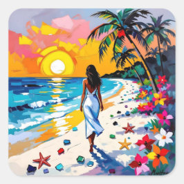 Woman on Beach Tropical Scene Fyrkantigt Klistermärke