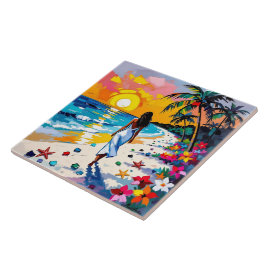 Woman on Beach Tropical Scene Kakelplatta
