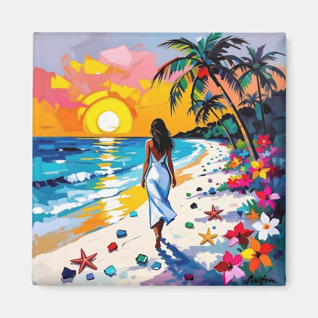 Woman on Beach Tropical Scene Magnet (Framsidan)